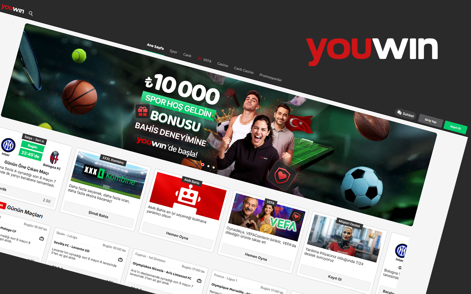 Youwin giriş ekranında sağ üst kısımda giriş ve kayıt ol alanlarının bulunduğu görünüm.